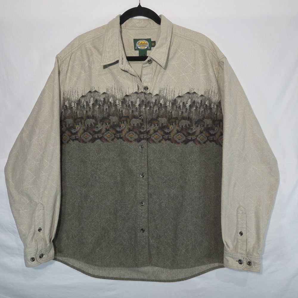 90s Cabelas Womens Chamois Cloth Shirt 2XL Bear Rustic Cabincore Earthy Tones